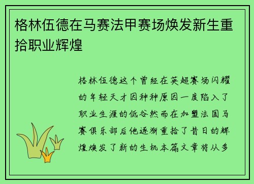 格林伍德在马赛法甲赛场焕发新生重拾职业辉煌