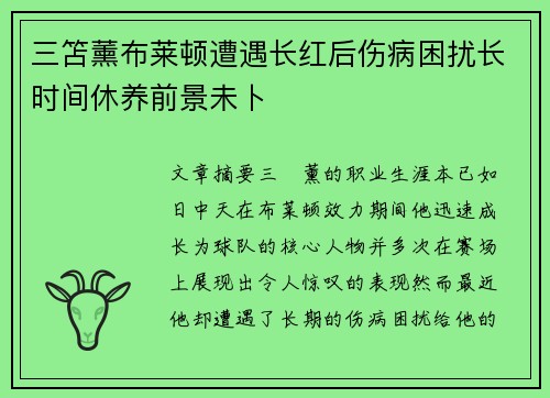 三笘薰布莱顿遭遇长红后伤病困扰长时间休养前景未卜