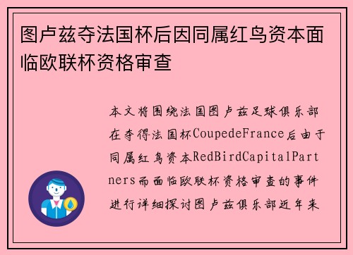 图卢兹夺法国杯后因同属红鸟资本面临欧联杯资格审查 图卢兹夺法国杯后因同属红鸟资本面临欧联杯资格审查