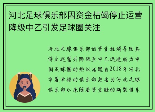 河北足球俱乐部因资金枯竭停止运营降级中乙引发足球圈关注 河北足球俱乐部因资金枯竭停止运营降级中乙引发足球圈关注